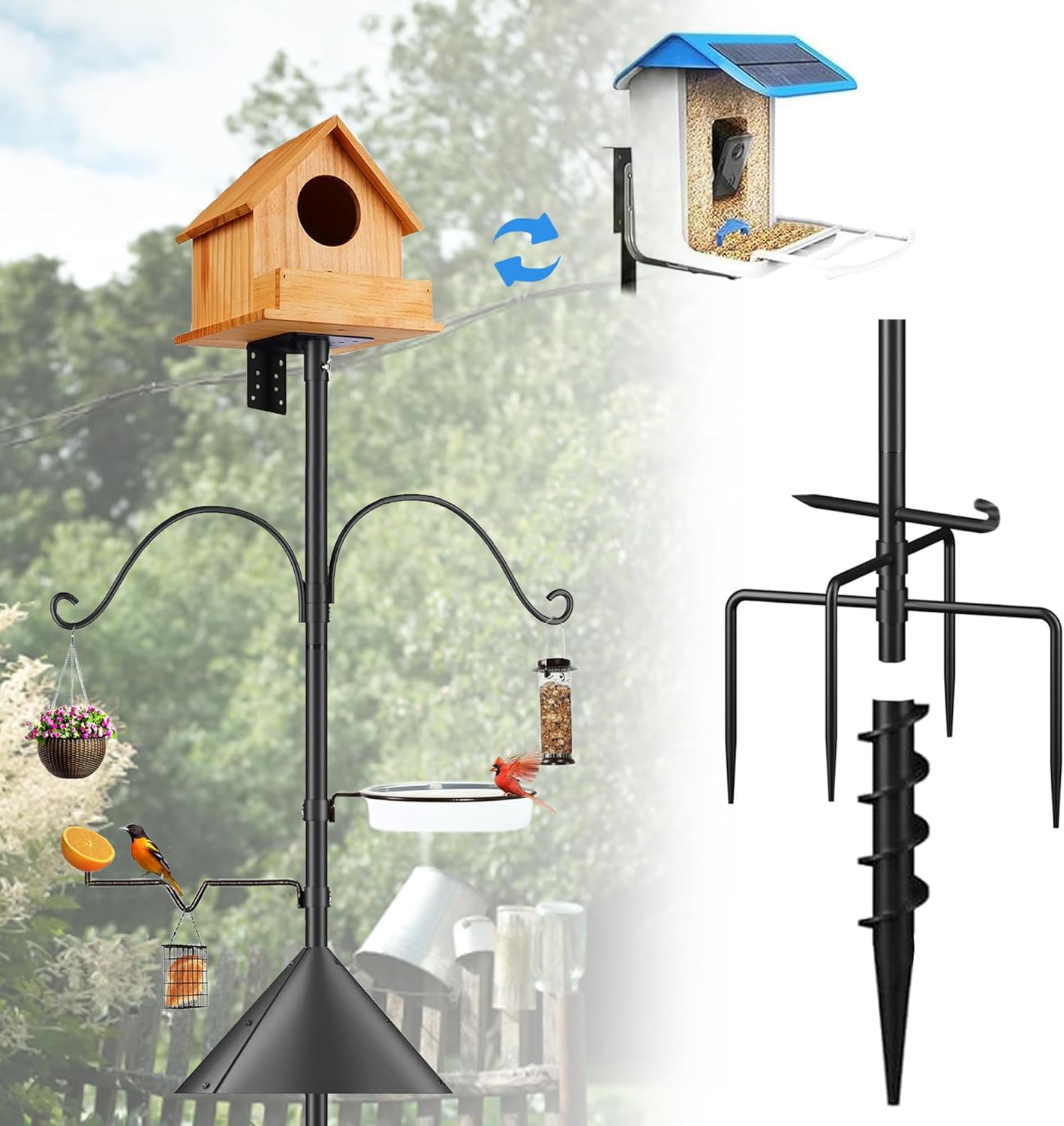 Bird Feeder Pole Squirrel-Proof, 93 Inch Heavy Duty Bluebird House Pole Kit for Outdoor Garden, Feeder Stand Adjustable with 5-Prongs Base for Hanging Plants, Bird Feeders (Shape 1)