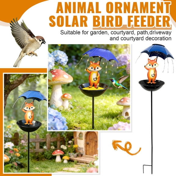 Bird Feeder Solar Powered Fox, Outdoor Garden Decorative Animal Statue with LED Lights, Waterproof Wildlife Seed Station for Backyard Patio Art Bird Feeder #387B