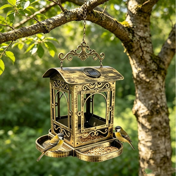 Bird Feeder, Solar Powered Hanging Pavilion With LED Light, Vintage Metal Weather-Resistant Outdoor Garden Decor, Large Capacity Hopper, 4 Trays