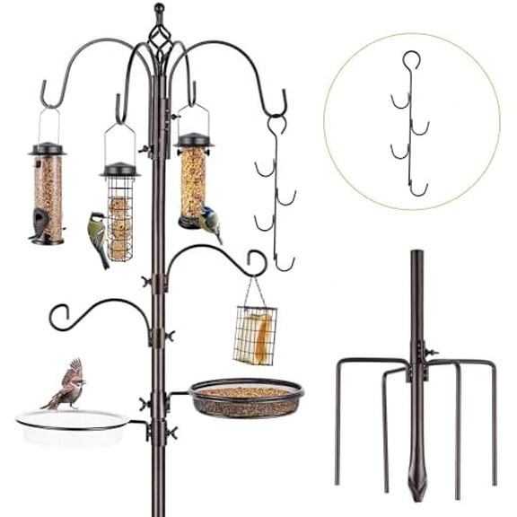 Bird Feeder Station with Suet Cage & Water Bowl Fruit Hook- Adjustable Pole, 6 Hanging Hooks for Wild Birds, Outdoor Garden Bird Feeding Kit