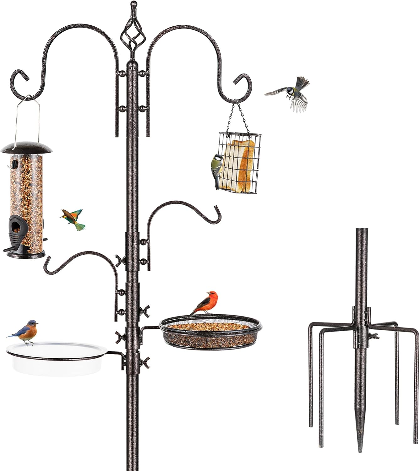 Bird Feeder Station with Suet Cage & Water Bowl Fruit Hook- Adjustable Pole, 6 Hanging Hooks for Wild Birds, Outdoor Garden Bird Feeding Kit