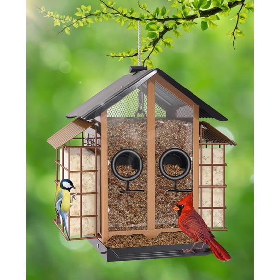 MARCHROSE Bird Feeder for Outdoor Garden Yard Outside Metal House Hanging Bird Feeder, Brown