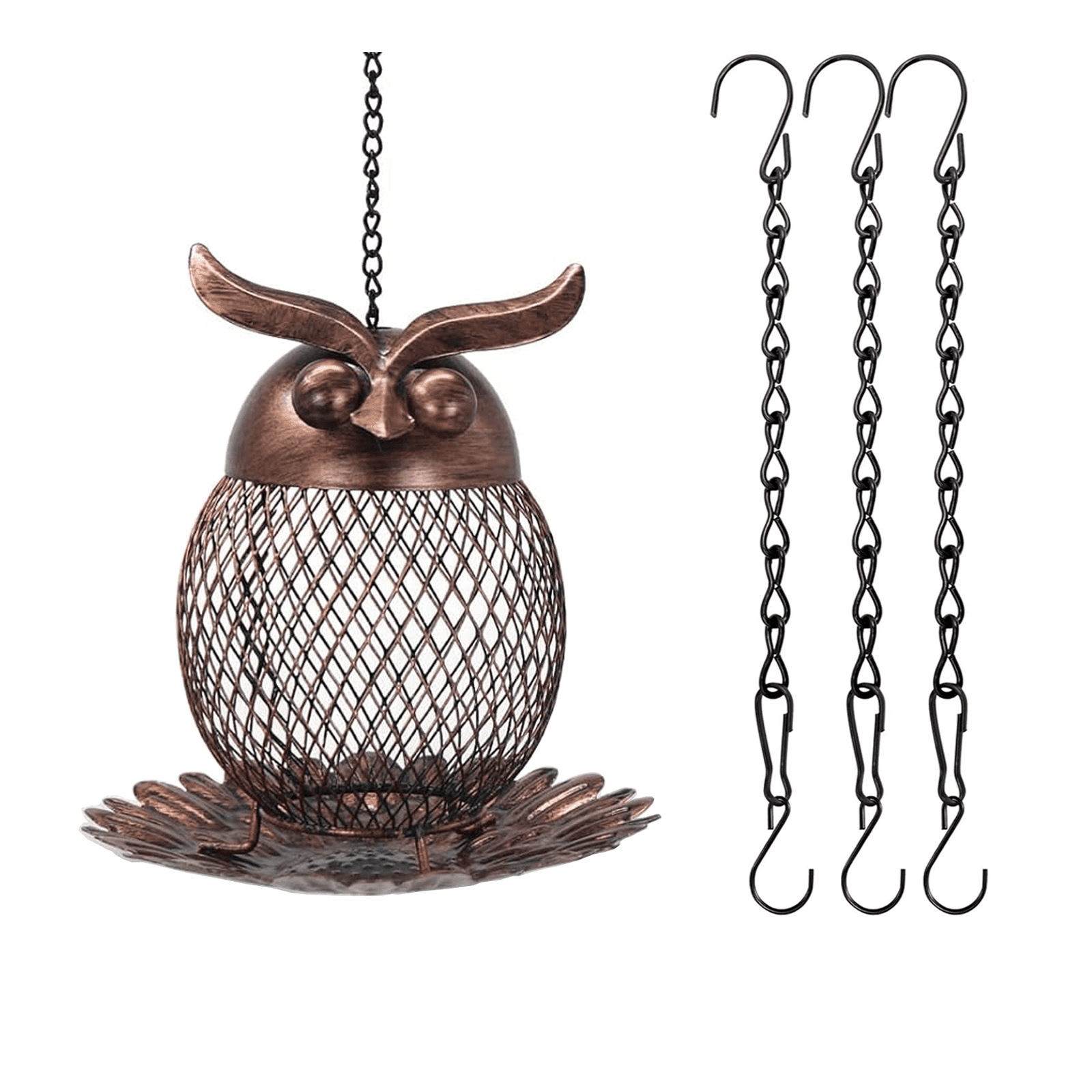 Bird Feeder for Outdoors Hanging, Owl Metal Wild Birdfeeders with 3-Pack Hanging Chains, for Outside Garden Yard Decoration