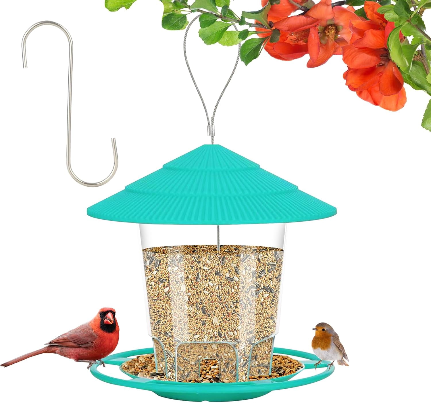 Bird Feeder for Outdoors, Heavy-Duty Plastic with Secure Hook Hanging Bird Feeders for Outdoors Squirrel Proof, Durable Birdseed Feeders, Green