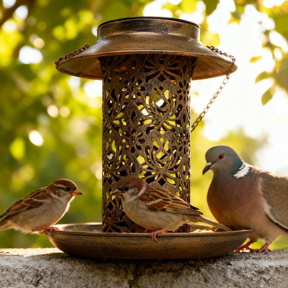 Bird Feeder for Outdoors, Solar Powered Bird Feeder With Lights, Antique Copper Decorative Cutout Hanging Bird Feeder For Outdoor Garden Yard