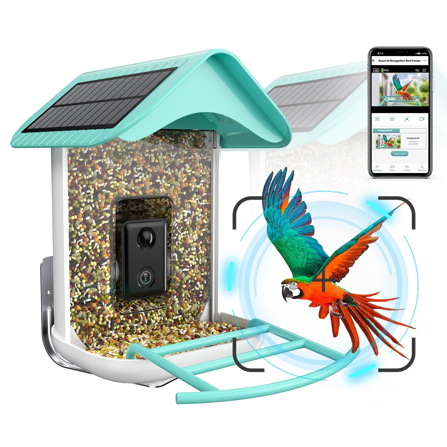 Smart Bird Feeder with Solar Roof, 1080p HD Camera, Ai Identify Bird Species, Wi-Fi Connection (include 16g SD Card)