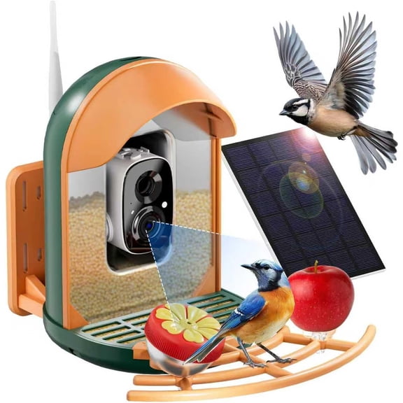 Bird Feeder with Camera, Birdfeeder with Cam Solar , Video, AI , Arrival , IP66 Bird Bath & Feeder, for BirdLover (with Stand, Dark Green)