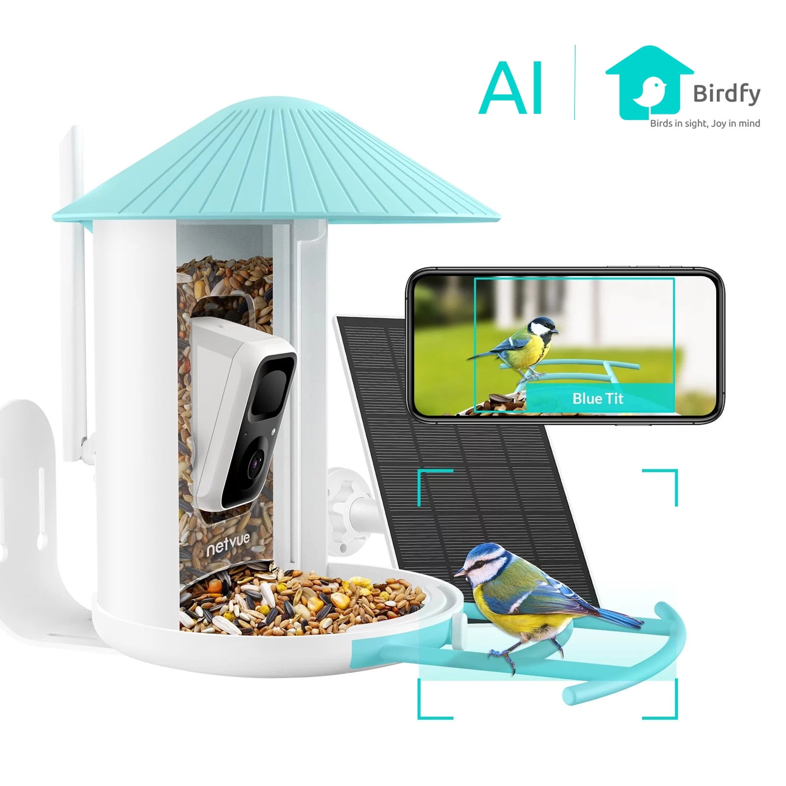 Bird Feeder with Camera Netvue Birdfy Smart Bird Feeder with Free AI Identification, Blue(AI+Solar)