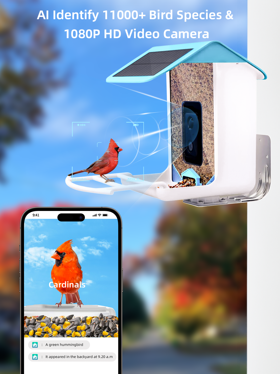 Bird Feeder with Camera,YBLOC Bird House,AI Smart Bird Feeder,Camera 1080P HD Video,AI Identify Bird,Wifi ,Blue - image 1 of 24