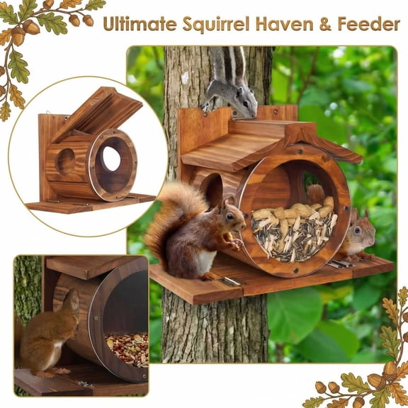 Bird Feeder with Round Transparent Window Sturdy Squirrel Feeding Station for Outdoor Hanging Weatherproof Wood Box with Easy Access Mounting