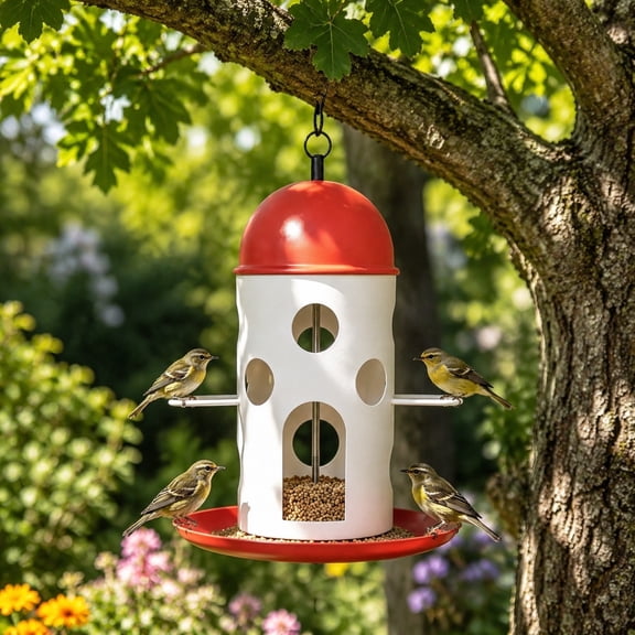 Bird Feeders for Outdoor Hanging, Metal Hanging Bird Feeder Red and White Lighthouse Birdfeeder, Outside Large Capacity Feeder Container for Wild Birds