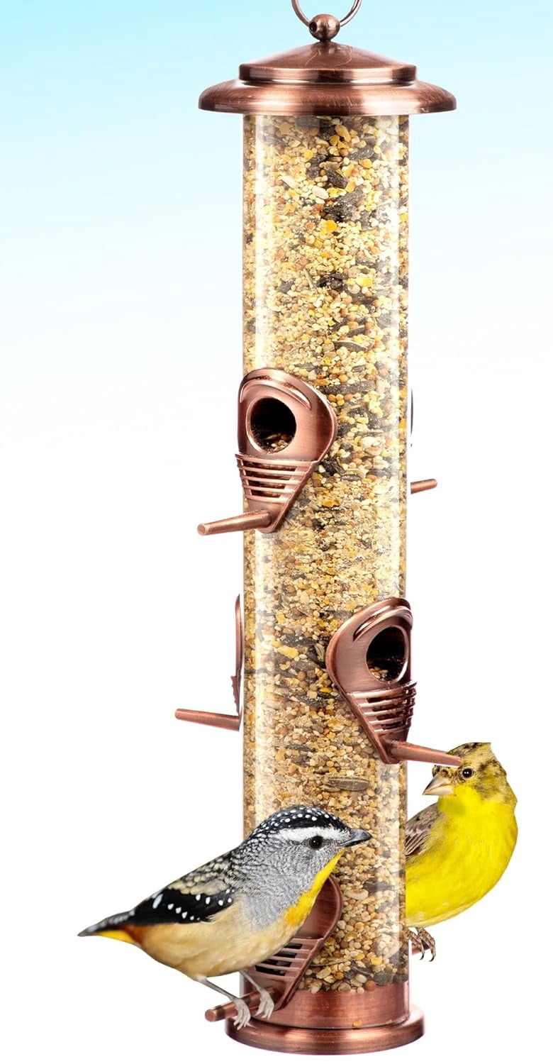 Bird Feeders for Outdoors (Green) Squirrel Proof Hanging Bird Feeder with Locking Lid & Adjustable Hanger, Chew-Proof, Weather Resistant 15 Inches 6 Port