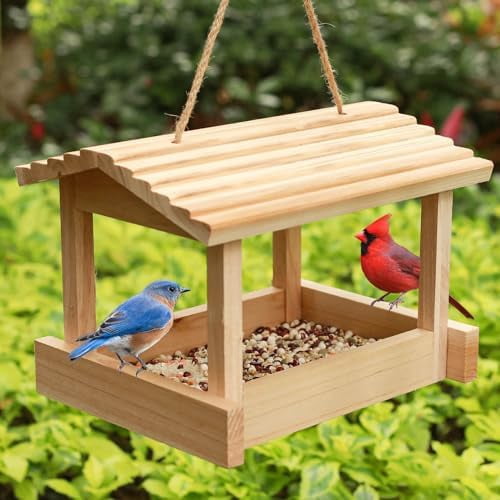 Bird Feeders for Outside ,  Bird Feeder House for Cardinals Finches Wooden Bluebird Feeder Mealworm Feeder Outdoor  Platform Bird House Feeder