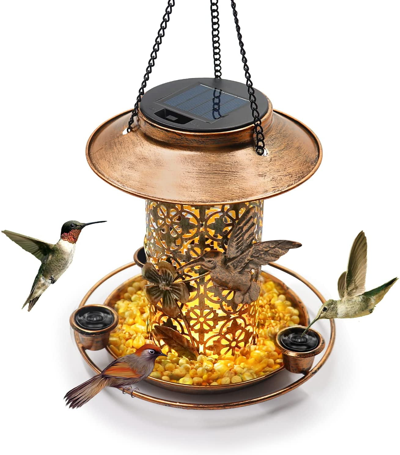 Bird Feeders with Solar LED Light - Metal Hummingbird Feeders for Outdoors Hanging - Bird Feeders with 3 Water Feeder Cup - Outdoor Garden Yard Lawn Decoration