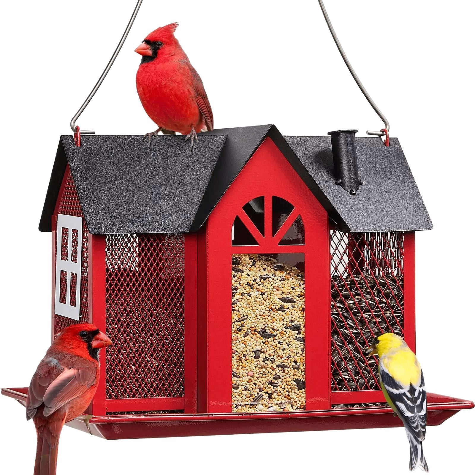 Bird Feeders for Uutdoors Hanging, Bird Houses for Outside, Metal Mesh Wild Bird Feeder with 3 Feeders for Finch Cardinal Chickadee, Large Capacity, Weatherproof and Durable