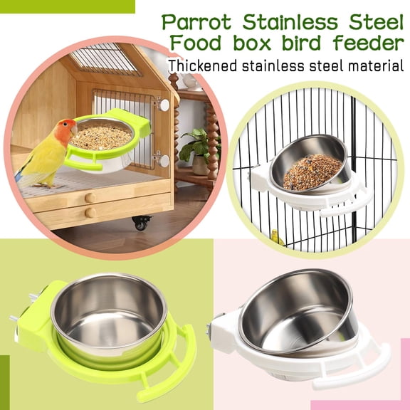 Bird Feeding Dish Cups with Perch Stand, Hanging Stainless Steel Bird Bowls Food Container Food and Water Bowls, for Budgie Cockatoo Finch Lovebirds Pigeons Green