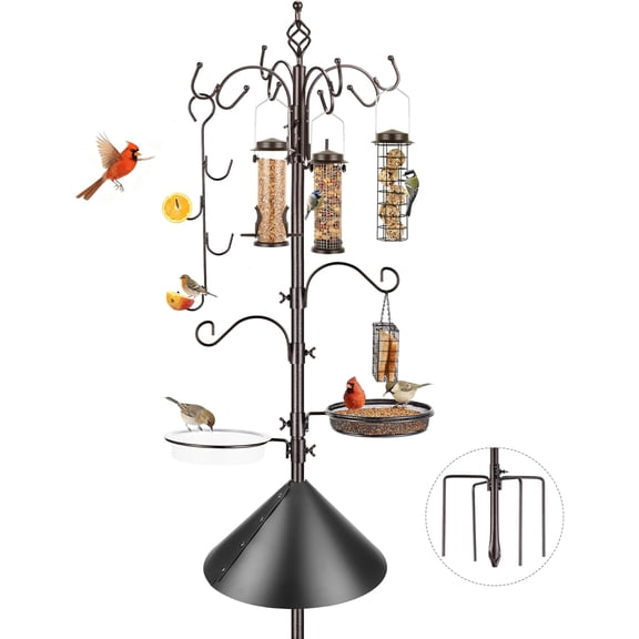 Bird Feeding Pole Kit with Hanging Accessories – Squirrel Guard, Suet Cage, Tube Feeder, Planter Hanger, Multi-Feeder System for Attracting Wild Birds Outdoors