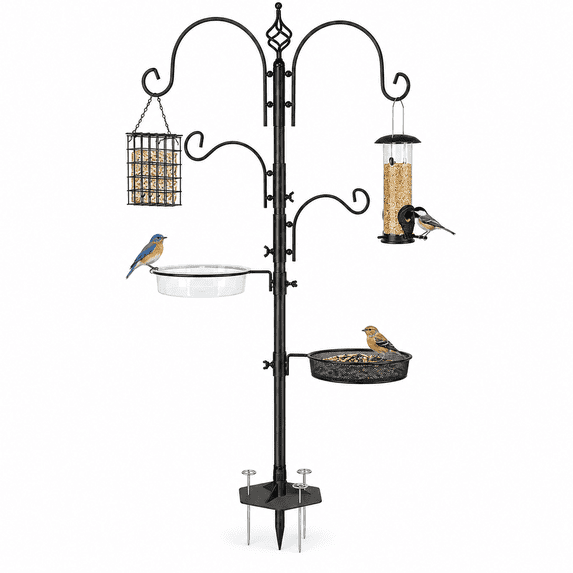 Bird Feeding Station, 92 Inch Rust Resistant Steel Bird Feeder Pole with 4 Adjustable Shepherd Hooks, Bird Bath, Mesh Tray, Suet Feeder and 5 Prong Anchor for Outdoors