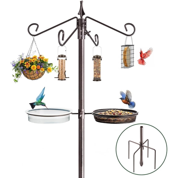Bird Feeding Station Kit,81 Inch Metal Birds Feeder Stand with 4-Hook,Bird Bath and Mesh Tray,5-Prong Base