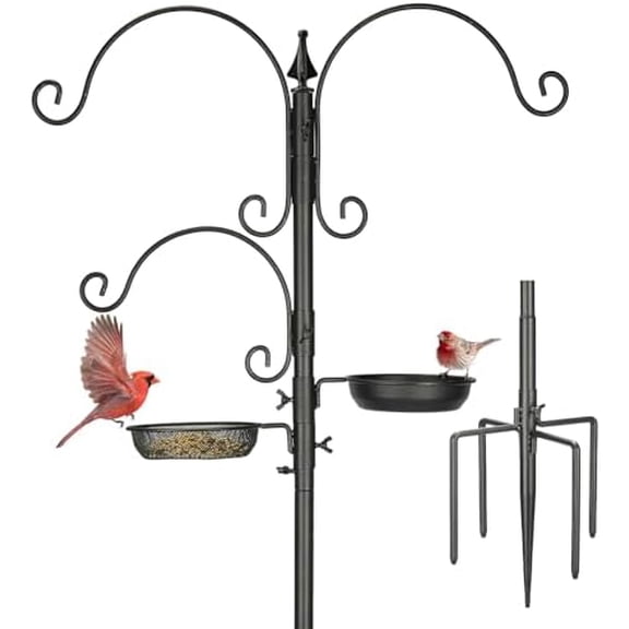 Bird Feeding Station Kit - 85 Inch Bird Feeder Pole with 5-Prong Base, Bird Feeder Stand for Outdoors Hanging Bird Feeders, Upgraded in Stability, Black