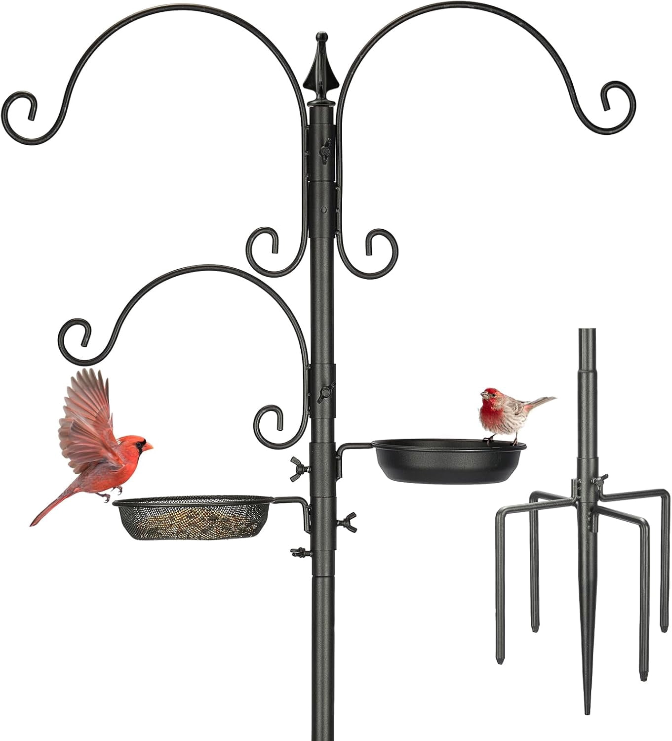 Bird Feeding Station Kit - 85 Inch Feeder Pole with 5-Prong Base, Stand for Outdoors Hanging Feeders, Upgraded in Stability, Black