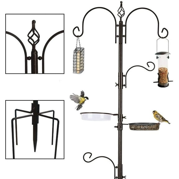 Bird Feeding Station Kit 91 Inch 4 Hooks with 2 Bird Feeder and Bath Tray Bird Feeder Pole Wild Bird Feeder Metal Suet Feeder Bird Bath-Black