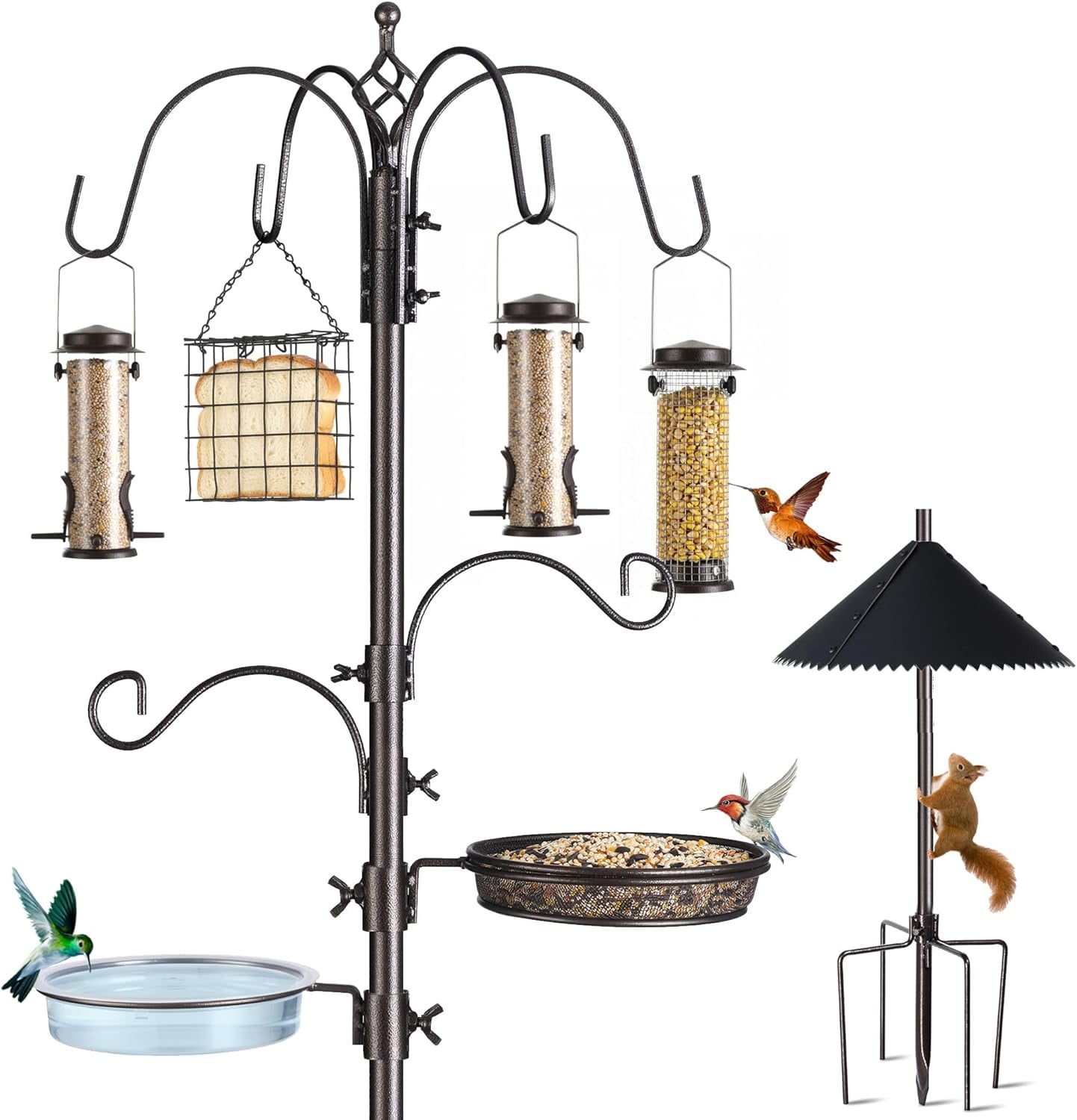 Bird Feeding Station Kit, 94 Inch Adjustable Birds Feeder Stand Pole with 6-Hook, Bird Bath and Mesh Tray, Curved Squirrel Baffle, Freestanding 5-Prong Base