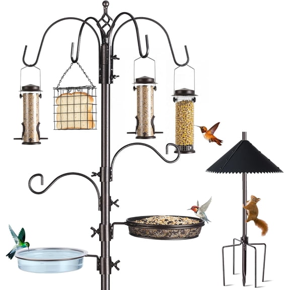 Bird Feeding Station Kit, 94 Inch Adjustable Birds Feeder Stand Pole with 6-Hook, Bird Bath and Mesh Tray, Curved Squirrel Baffle, Freestanding 5-Prong Base