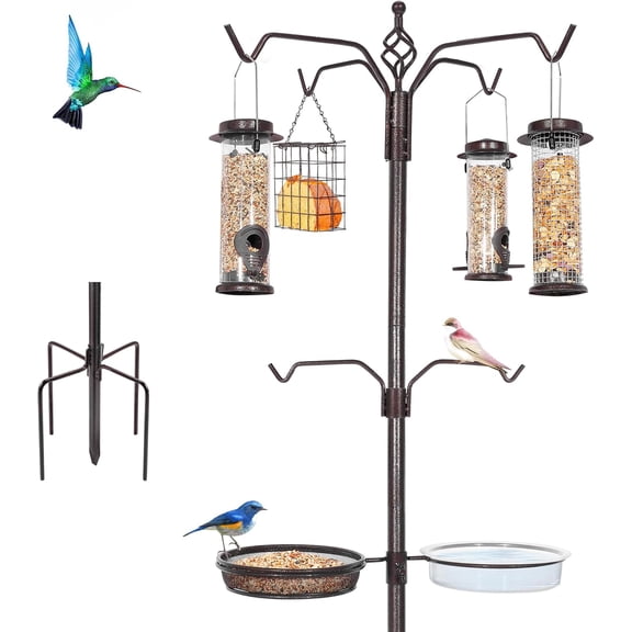 Bird Feeding Station Kit, 94 Inch Bird Feeder Pole Stand for Outdoors Hanging with 4 Feeders, Metal Suet and Bath Tray for Wild Birds Watching