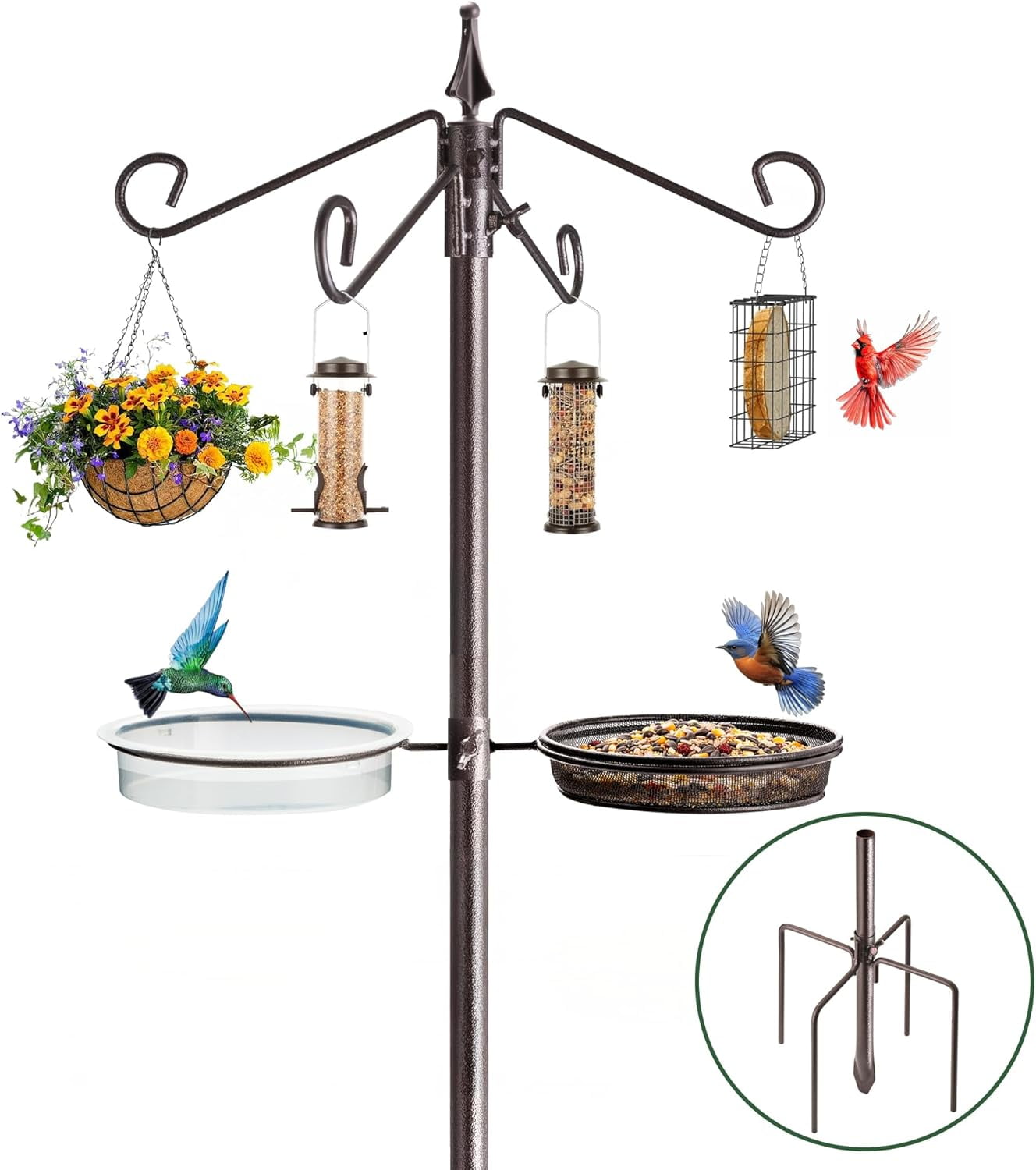 Bird Feeding Station Kit, Adjustable Birds Feeder Stand Pole with 6-Hook, Bird Bath and Mesh Tray, Curved Squirrel Baffle