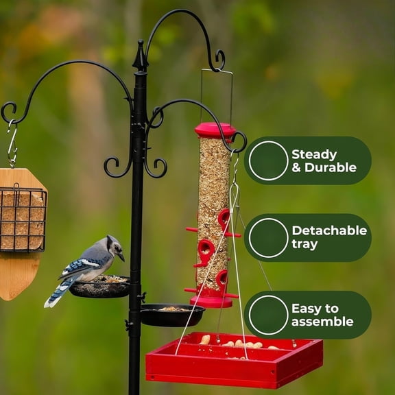 Bird Feeding Station Kit -  Bird Feeder Pole with 5-Prong Base, Bird Feeder Stand for Outdoors Hanging Bird Feeders, Upgraded in Stability