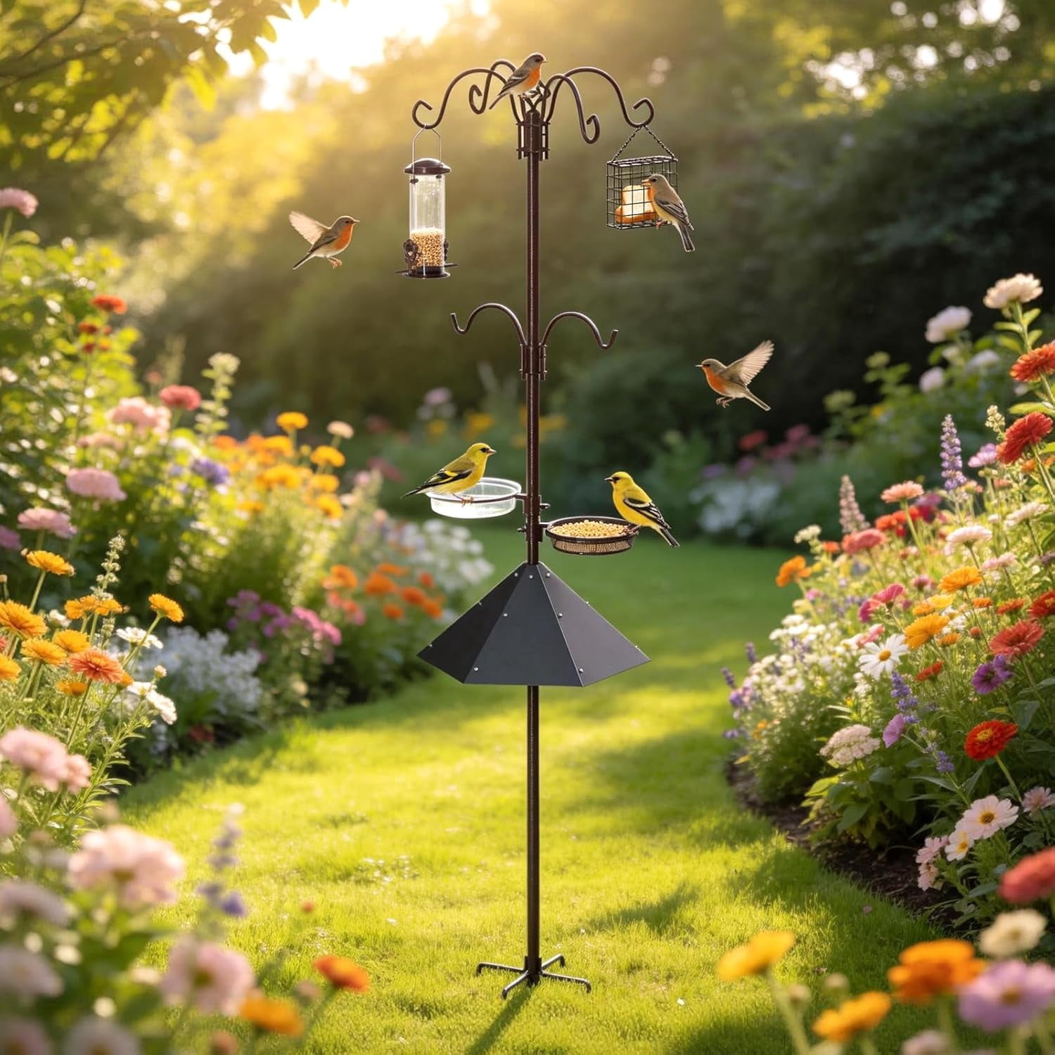 Bird Feeding Station Kit with Multiple Hooks, Heavy Duty Metal Bird Feeding Station with Seed Tray & Mesh Basket, Easy Assembly Ground Mounted Bird Feeder Pole for Garden Yard Outdoor