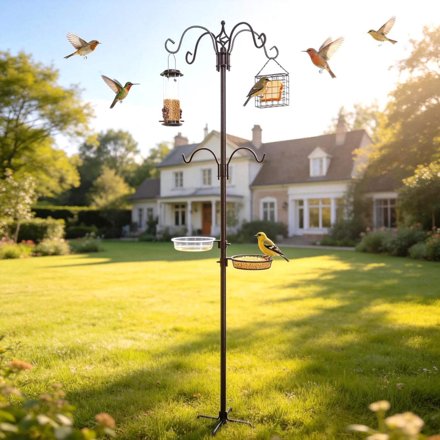 Bird Feeding Station Kit with Multiple Hooks, Heavy Duty Metal Bird Feeding Station with Seed Tray & Mesh Basket, Easy Assembly Ground Mounted Bird Feeder Pole for Garden Yard Outdoor
