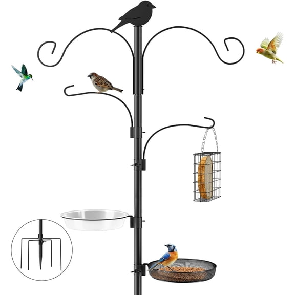 Bird Feeding Station with Multi Feeder Hanging, 4-Hook Bird Feeder Pole with 5 Prong Base, Metal Suet Feeder, Mesh Tray for Attracting Wild Birds and Planter Hanger (Copper 91in)