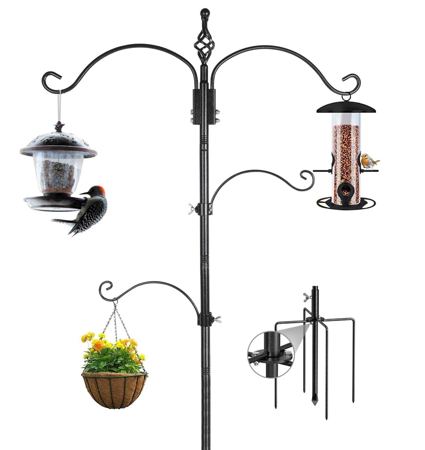 Bird Feeding Station Pole 63 Inches with Multi Hook and 5-Prong Anchor Base for Wild Bird Watching and Outdoor Hanging
