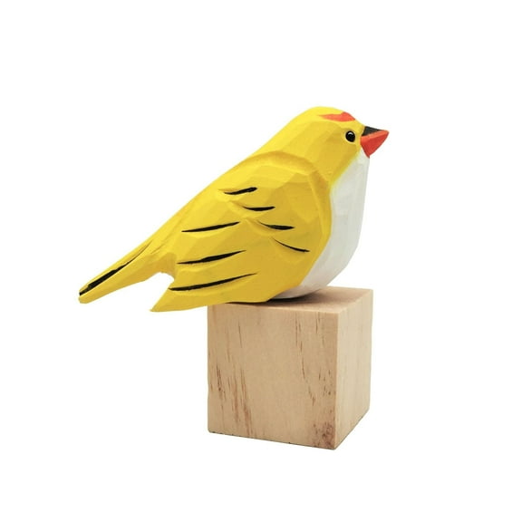 Bird Figurine, Hand Carved Birds Wood Décor, Art Animal Wooden Sculpted Bird with Wood Block, Vivid Bird Statue for Gift Home Table Ornament Decor (Yellow Bird)