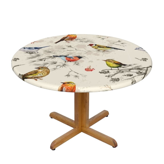 Bird Fitted Tablecloth Round with Elastic Edged, Waterproof Wipe Clean Table Cover for Outdoor Indoor Patio Kitchen - Fits Tables 40" to 44" Diameter