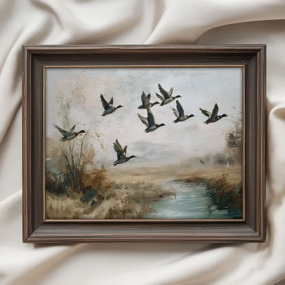 Bird Flock Flying On A Lake Print, Vintage Style Spring Landscape Poster, Muted, Matte Canvas Stretched, Posters for Room Bedroom Living Room Bathroom Wall Decor, Posters & Art Prints, Gift.