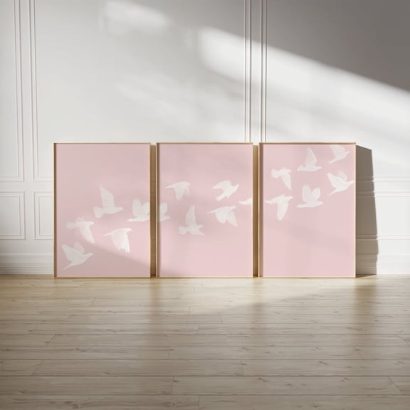 Bird Flock Poster Set Light Pink Minimalist Wall Art, Stretched Canvas