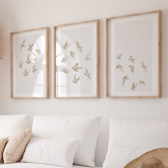 Bird Flock Print Set: Abstract Taupe Doves Set 3 Stretched Canvas 12x18 ...