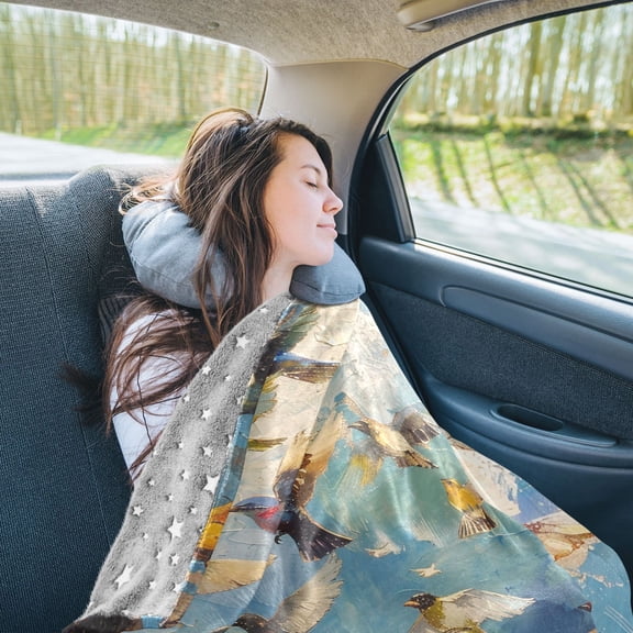 Bird Flock Travel Blanket Pillow Compact Foldable Airplane Throw Blanket with Trolley Sleeve for Travel Camping