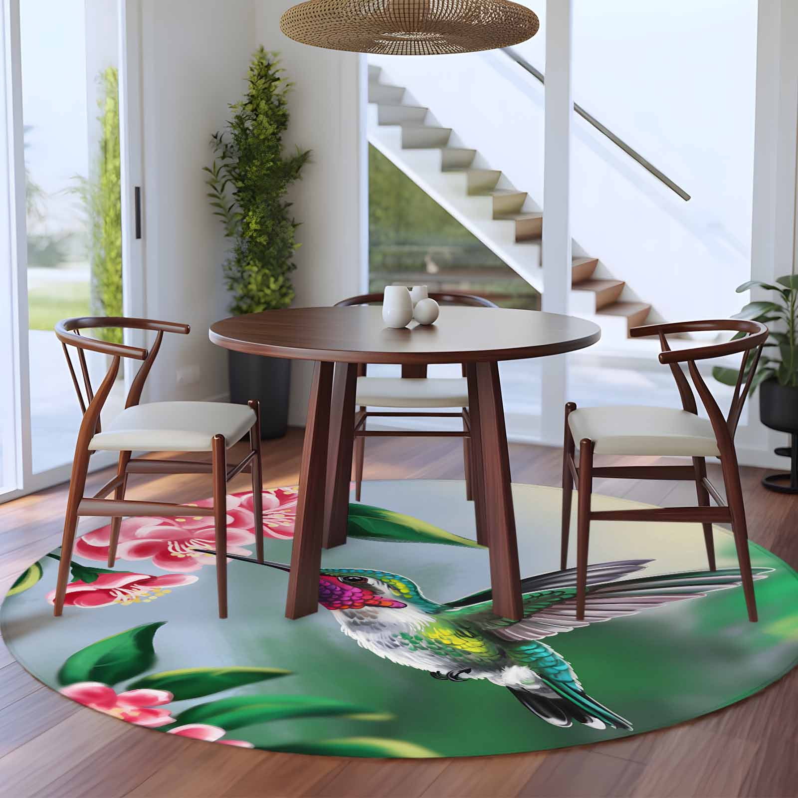Round Hummingbird Rug Bird Floral 5ft Round Rug for Dining Table for 4 People Under Table ...