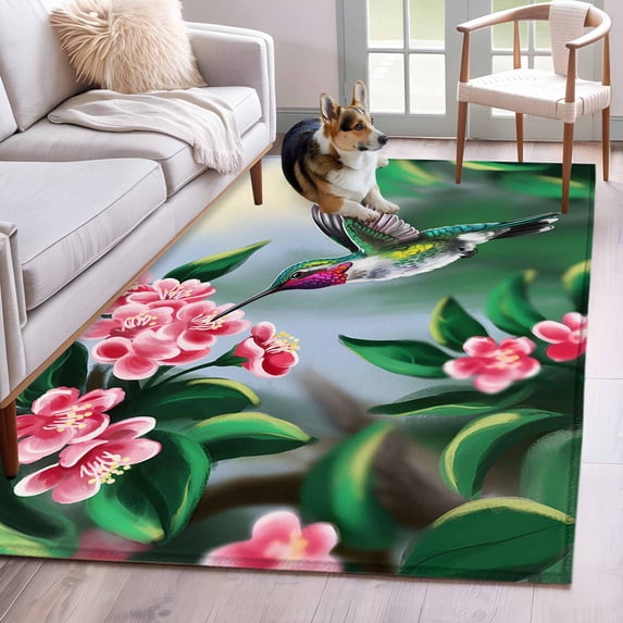 Bird Floral Area Rugs 4x6 ft Hummingbird Spring Decorative Green Background Washable Rug Non Slip Indoor Carpet Absorbent Floor Mat for Living Room Bedroom Dining Room