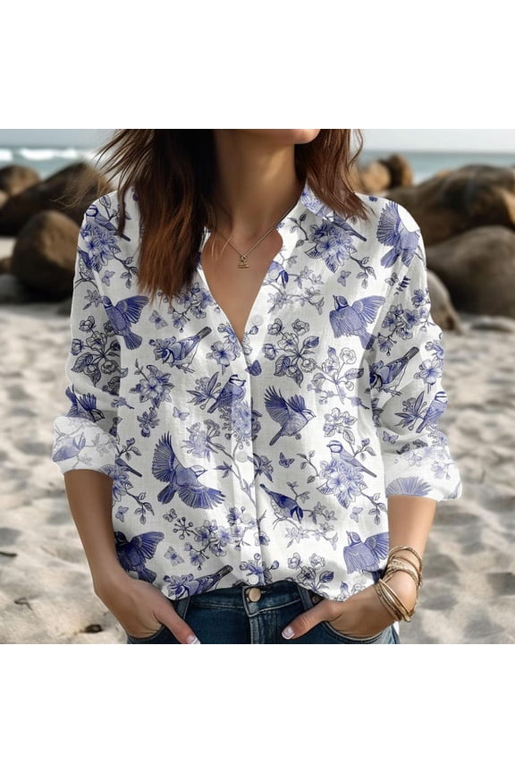 Bird Floral Blouse Shirt, Cottagecore Women Shirt, Bluebird Citrus Garden Print Top, Vintage Nature Shirt Women, Gift For Her
