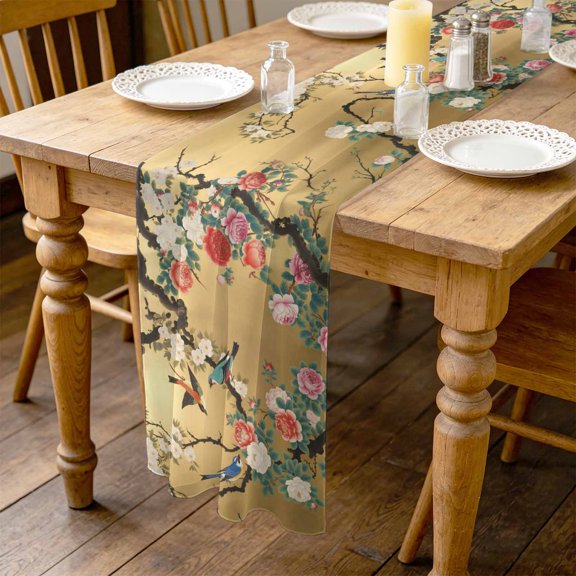 Bird Floral Branch 4.5ft Cheesecloth Table Runner for Dining 19"x55", Vintage Peony Chinese Style White Flowers Kitchen Dinner Sheer Tulle Chiffon Dresser Scarf, Holiday Party Decorations