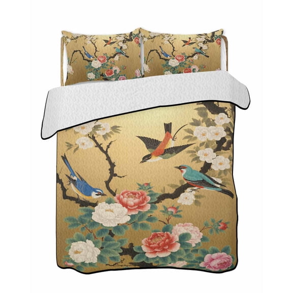 Bird Floral Branch Quilts Bedding Set Full Size Vintage Peony Chinese Style White Flowers Lightweight Quilted Bedspread 3 Piece Bed Quilt with 2 Pillow Shams All Season for Bedroom 68" x 98"