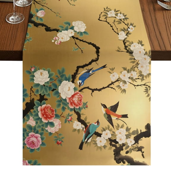 Bird Floral Branch Table Runner 36 Inches Long, Vintage Peony Chinese Style White Flowers Cotton Linen Dining Table Runner Dresser Scarves for Home Kitchen Party Decor 13"x36"