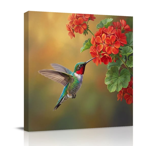 Bird Floral Canvas Wall Art for Living Room, Red Flower Hummingbird Spring Plant Realistic Nature Wall Decor Framed Artwork Pictures Ready to Hang for Bedroom Office Home Decor