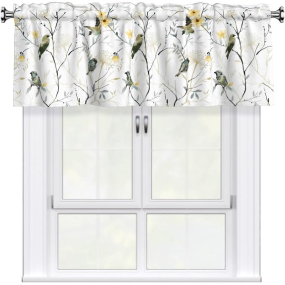 Bird Floral Curtain Valance for Kitchen Windows Spring Summer Vines Birds Short Curtains with Rod Pocket 54"W x 18"L (Pack of 1) for Home Bathroom Living Room Decor
