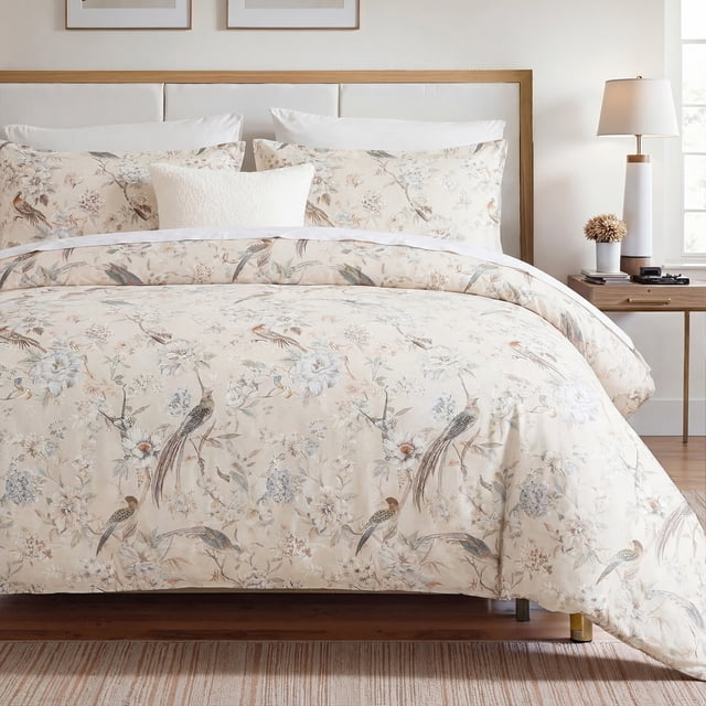 Bird & Floral Duvet Cover Set, 3-Piece – 100% Cotton Twill, Soft Dusty ...